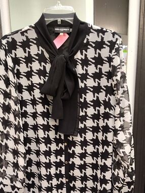Karl Lagerfeld Black & White Houndstooth Tie-Neck Shirt